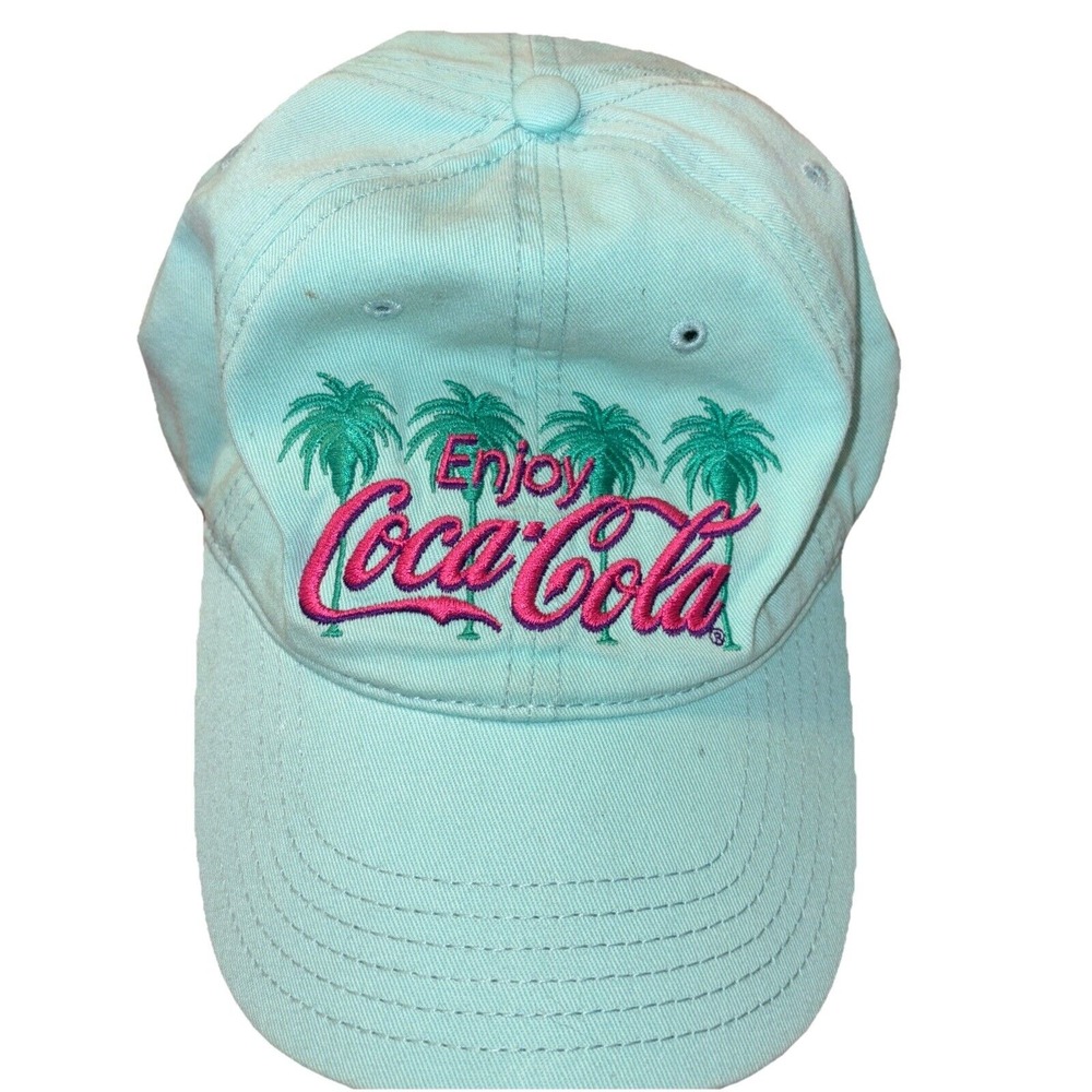 Enjoy Coca Cola Baseball Cap Light Blue Pink Palm Trees Unisex OS Hat Adjustable - Picture 5 of 7